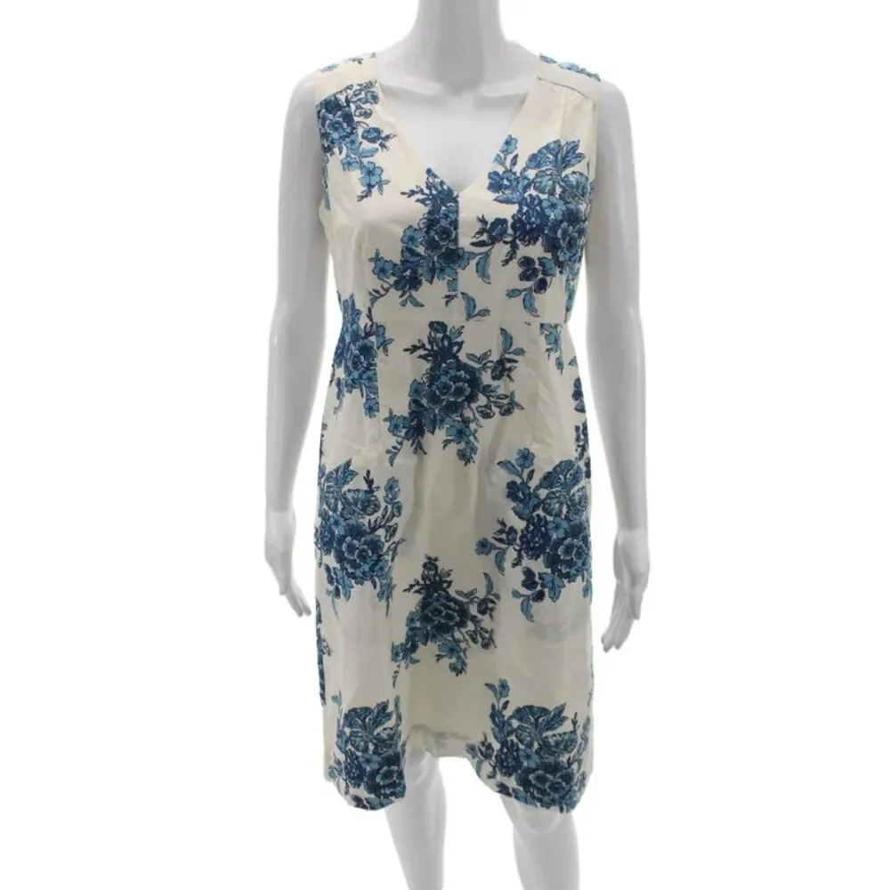 Joules Womens Ivory Floral Cotton Sleeveless V-Neck Shift Dress Zip Size 8